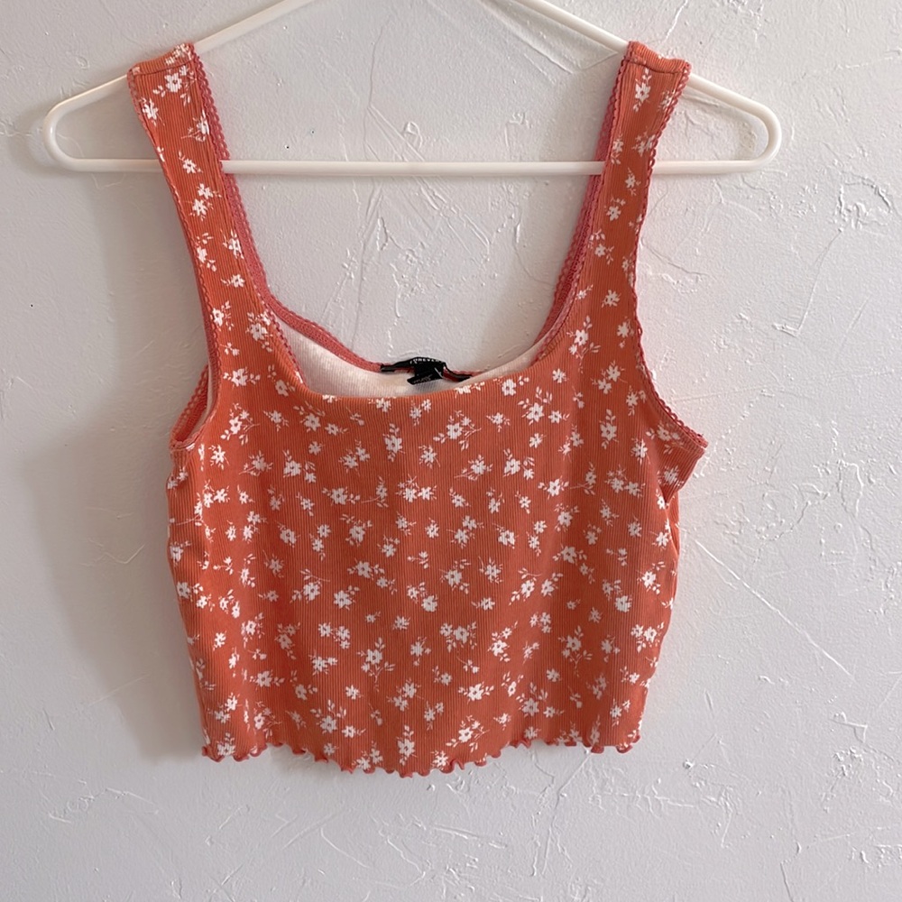Orange/Pink White Floral Cropped Tank Top Ribbed - Small